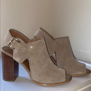 Open toe suede heels